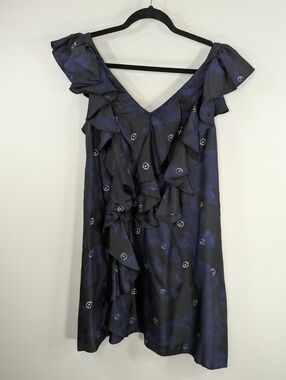 MCQ Alexander McQueen Silk Ruffle V‑Neck Dress Navy IT 40 / US 4